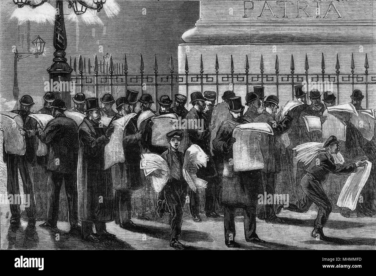 Newsboys do a roaring trade in papers announcing the death of Vittorio Amenuele II, first ruler of United Italy.      Date: 1878 Stock Photo
