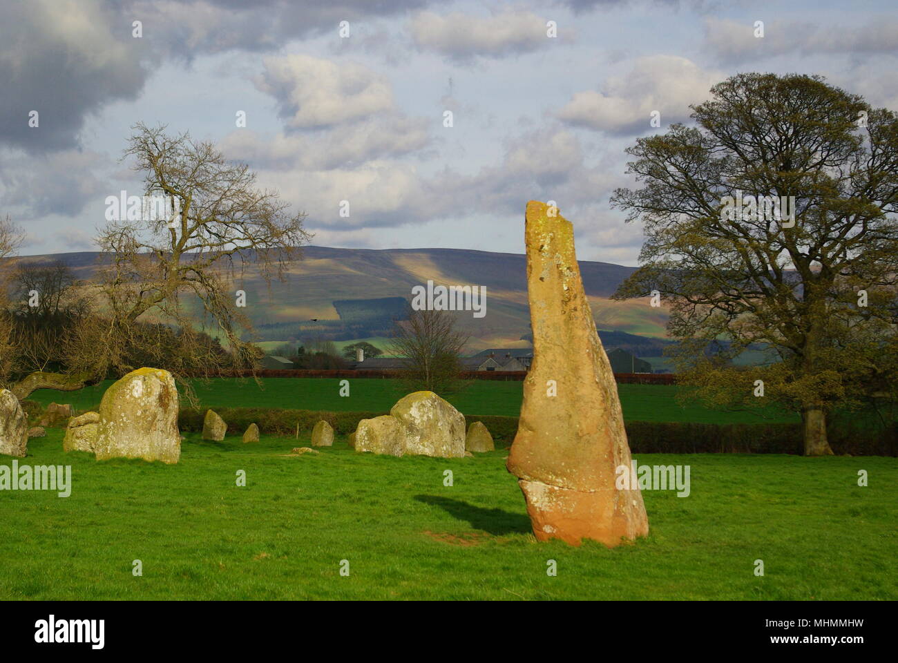 Long Meg and Her Daughters, near Penrith and Little Salkeld, Cumbria.  This is the third largest stone circle in England, composed of an oval ring measuring 300 by 360 feet, and several large outlying stones, the largest and tallest of these being Long Meg, the &quot;mother stone&quot;.       Date: April 2009 Stock Photo