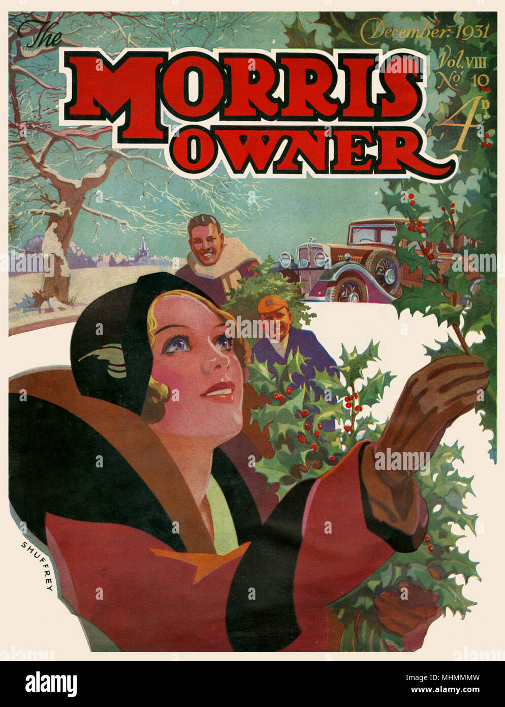 Front cover of The Morris Owner magazine featuring a family driving out in the snow to gather holly for their Christmas decorations.     Date: 1931 Stock Photo