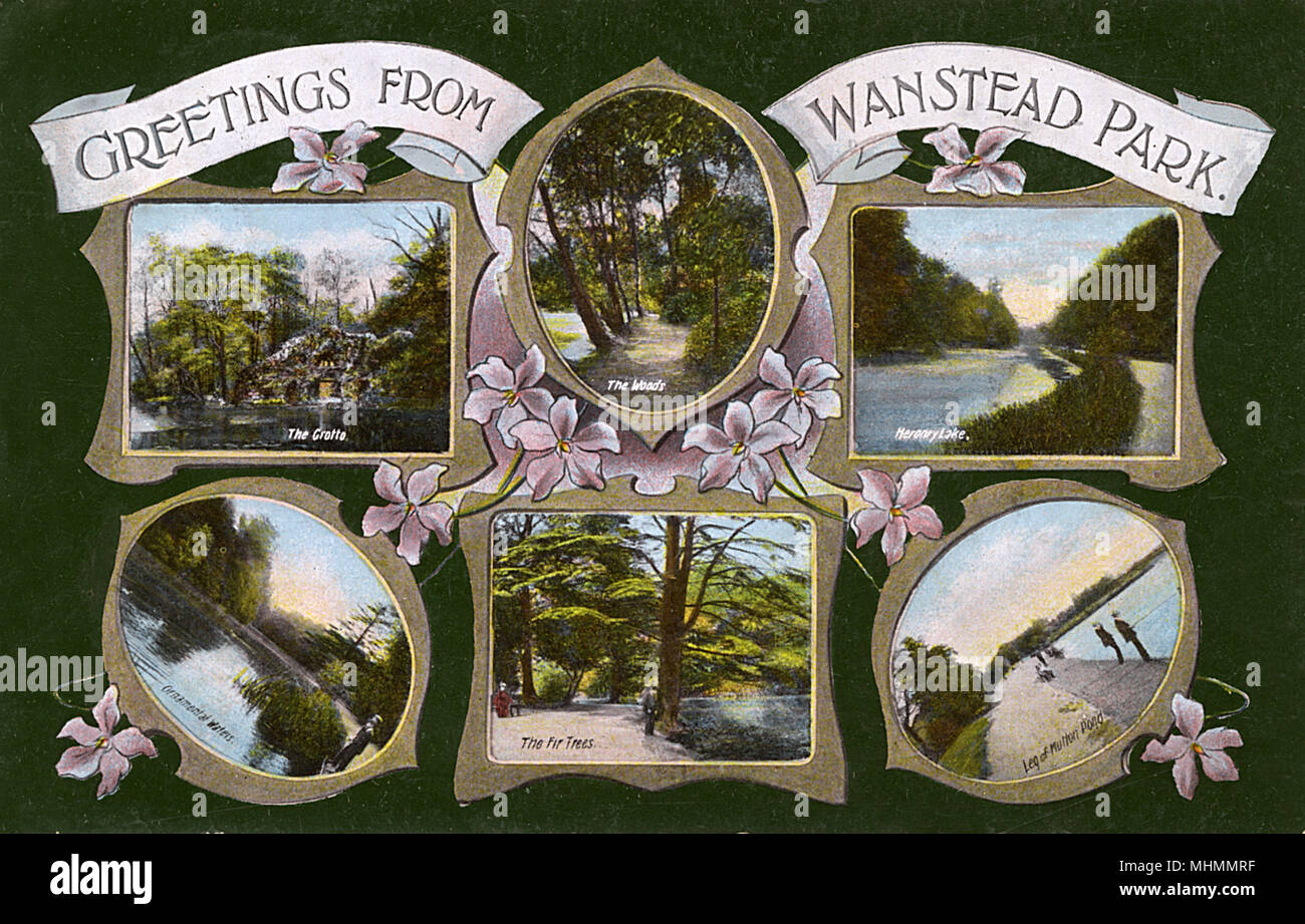 Postcard from 1910 with various views of Wanstead Park.  Part of Epping Forest, Wanstead Park is situated in Wanstead, in North East London and was originally the grounds for one of the country's finest stately homes, Wanstead House.  The house was demolished in 1824 and the grounds were transformed into a 140 acre municipal park under the auspices of the Corporation of London in 1882.  Today, it is Grade II listed and a few original features from the landscaped gardens remain such as the Grotto (pictured top left).      Date: 1910 Stock Photo