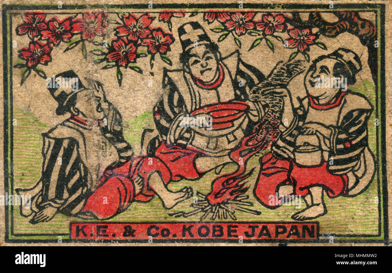 Old Japanese Matchbox label and three men and cherry blossom Stock Photo