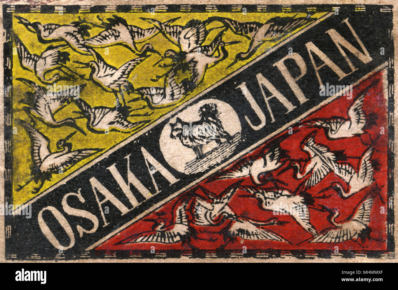Old Japanese Matchbox label with Whooping Cranes Stock Photo