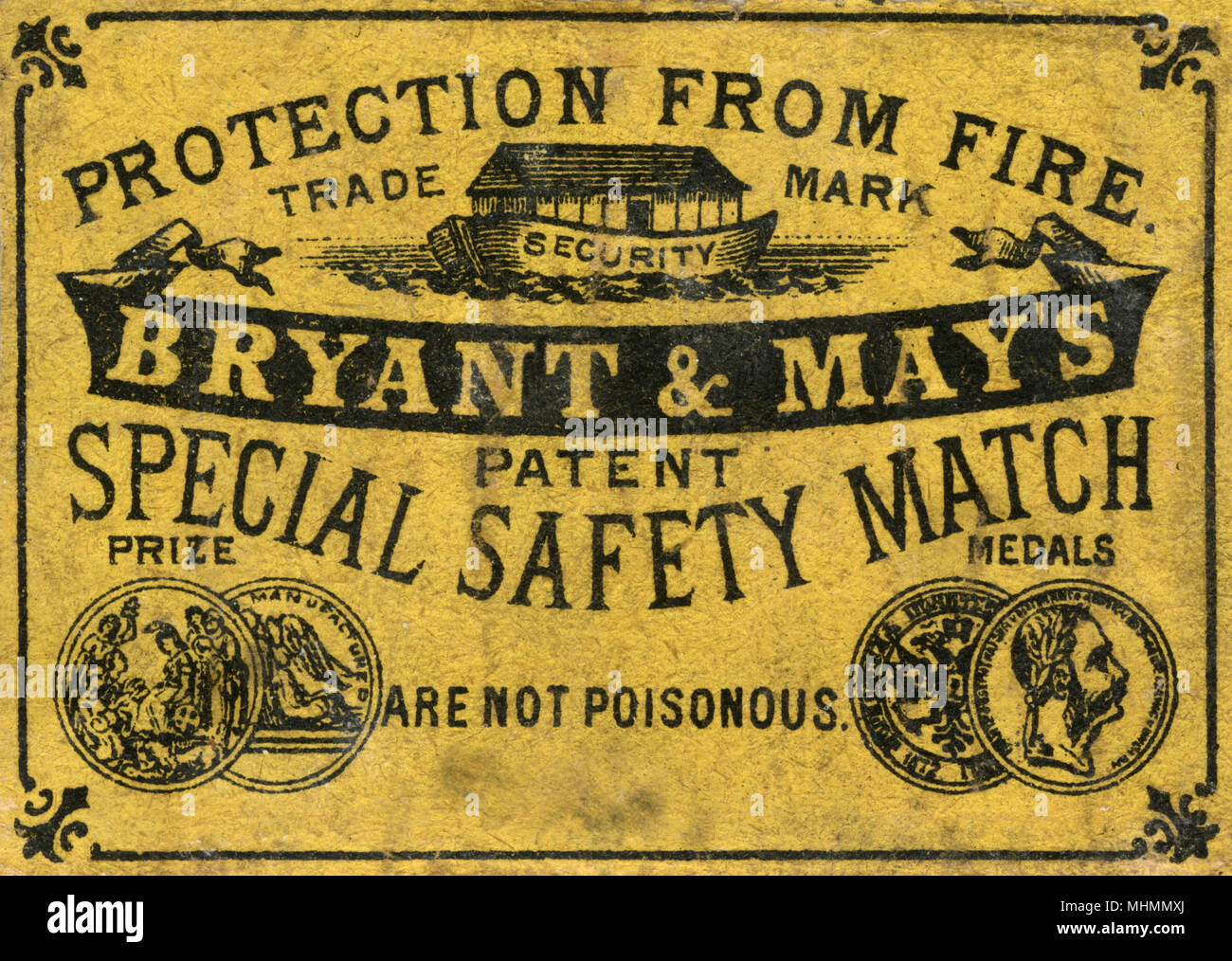 Bryant and May special safety match matchbox label with prize medals and stating protection from fire and are not poisonous     Date: c. 1910s Stock Photo