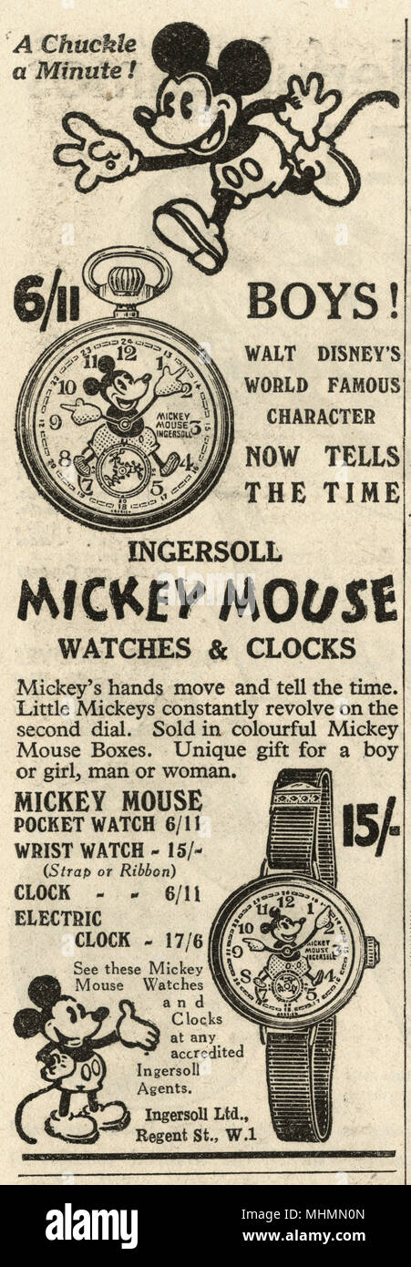 An early form of character licensing in the form of a watch featuring 'Walt Disney's world famous character' Mickey Mouse.     Date: 1933 Stock Photo
