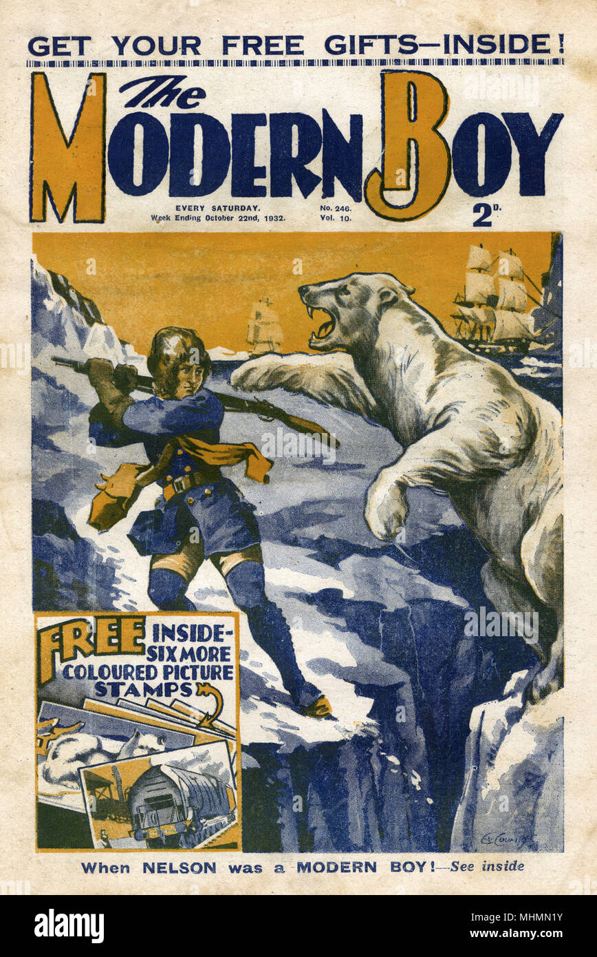 Front cover of The Modern Boy featuring an illustration showing Horatio Nelson when young fighting off an attack from a polar bear when his ship was frozen in ice in the Arctic.       Date: 1932 Stock Photo