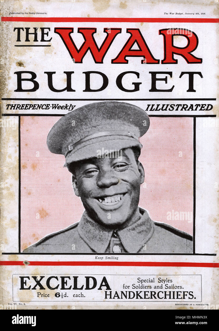 Front cover of The War Budget featuring a photograph of a black British soldier grinning widely.       Date: 1916 Stock Photo