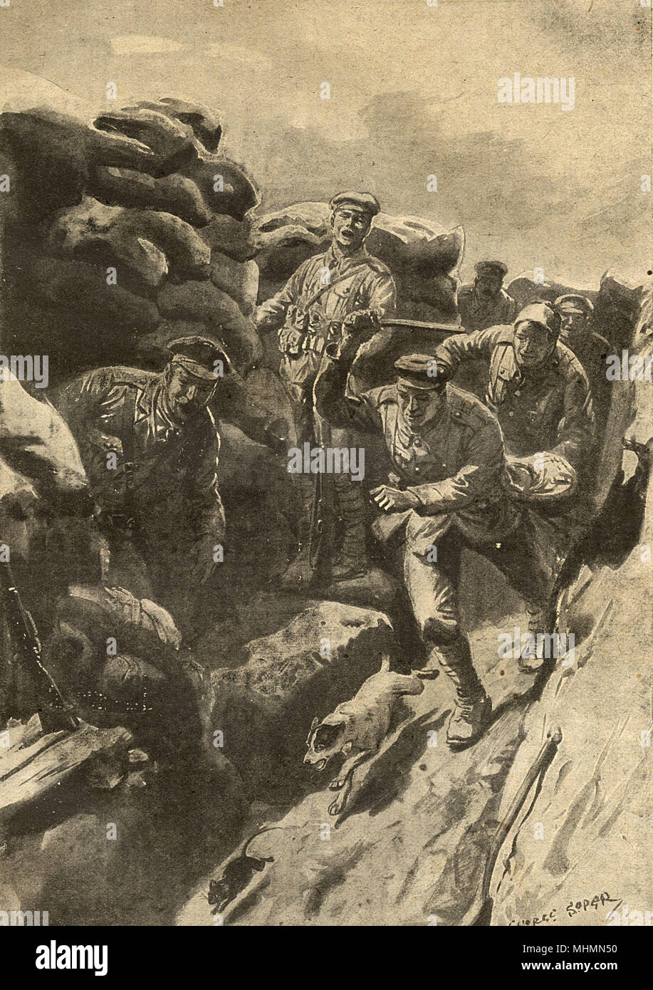 Ratting: The New Sport in the Trenches.  British soldiers follow a terrier as it dashes along a trench on the Western Front in pursuit of a rat.  The War Budget, in which this illustration was published, writes that rewards were offered for the capture of rats and in one single fortnight, one army corps alone disposed of 8000 rats, some indication of the scale of the vermin problem in the trenches.     Date: 1916 Stock Photo