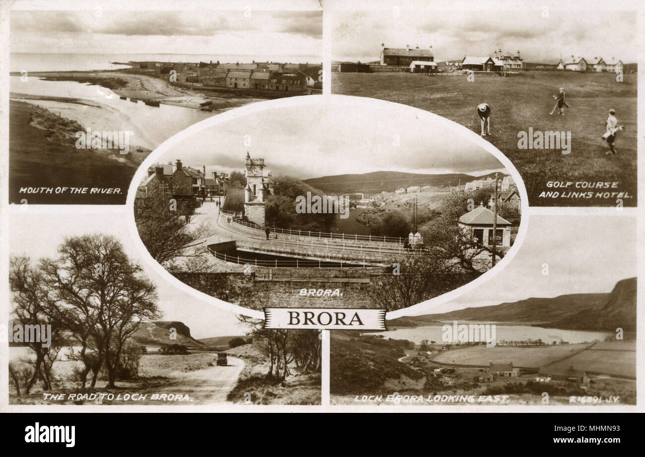 A postcard depicting scenes of Brora, Scotland, including the clock tower war memorial, the river, golf course and loch.     Date: c. 1935 Stock Photo