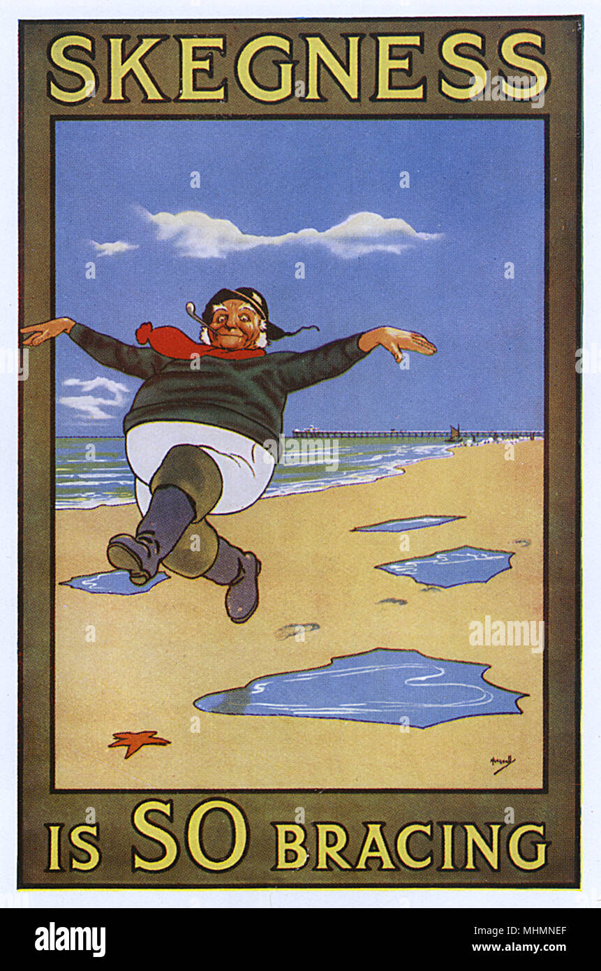Skegness is SO Bracing - the famous poster featuring the jolly fisherman designed for the East Coast seaside town by artist John Hassall.     Date: 1908 Stock Photo