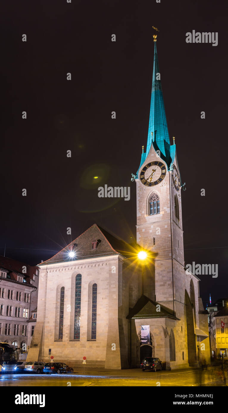 The Fraumunster Church in Zurich at night Stock Photo