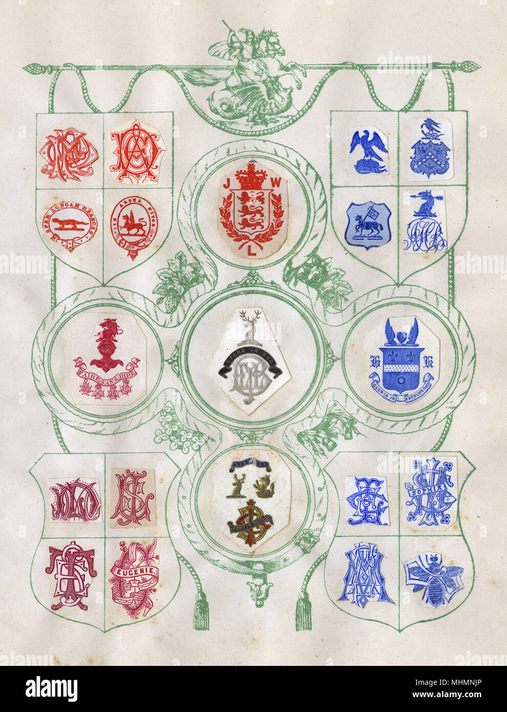 Loose page from a former scrapbook of crests and heraldry featuring family crests, coats of arms and many devices, shields, monograms and mottos!     Date: late 19th century Stock Photo