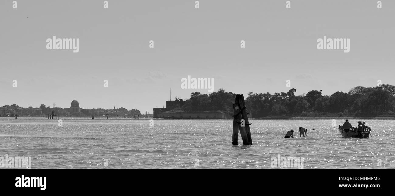 Venice view from laguna water black and white Stock Photo