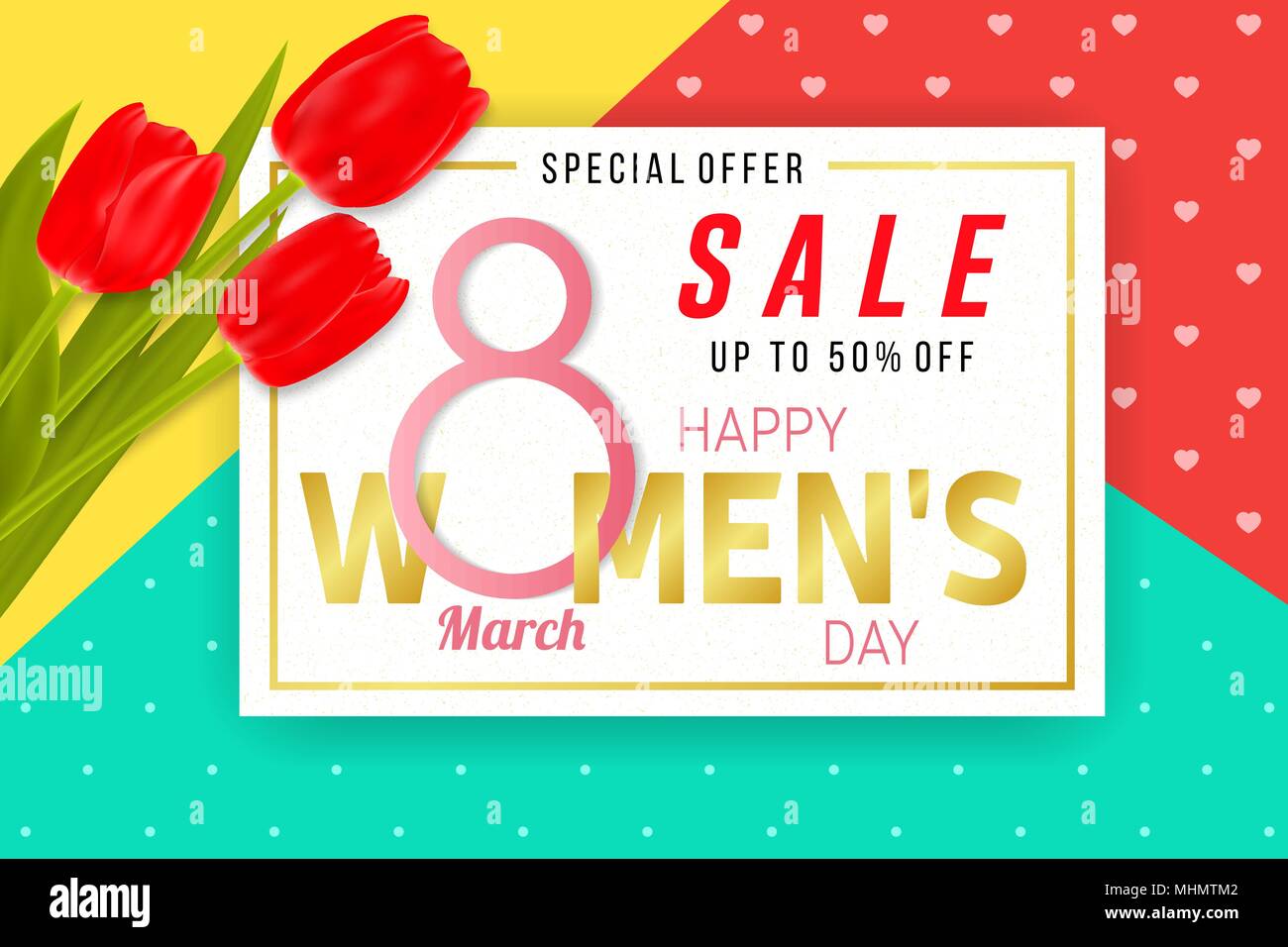Happy Women s Day sale background with tulips. Vector illustration. For posters, brochure, banners and ad. 8 March - International Women s Day. Stock Vector