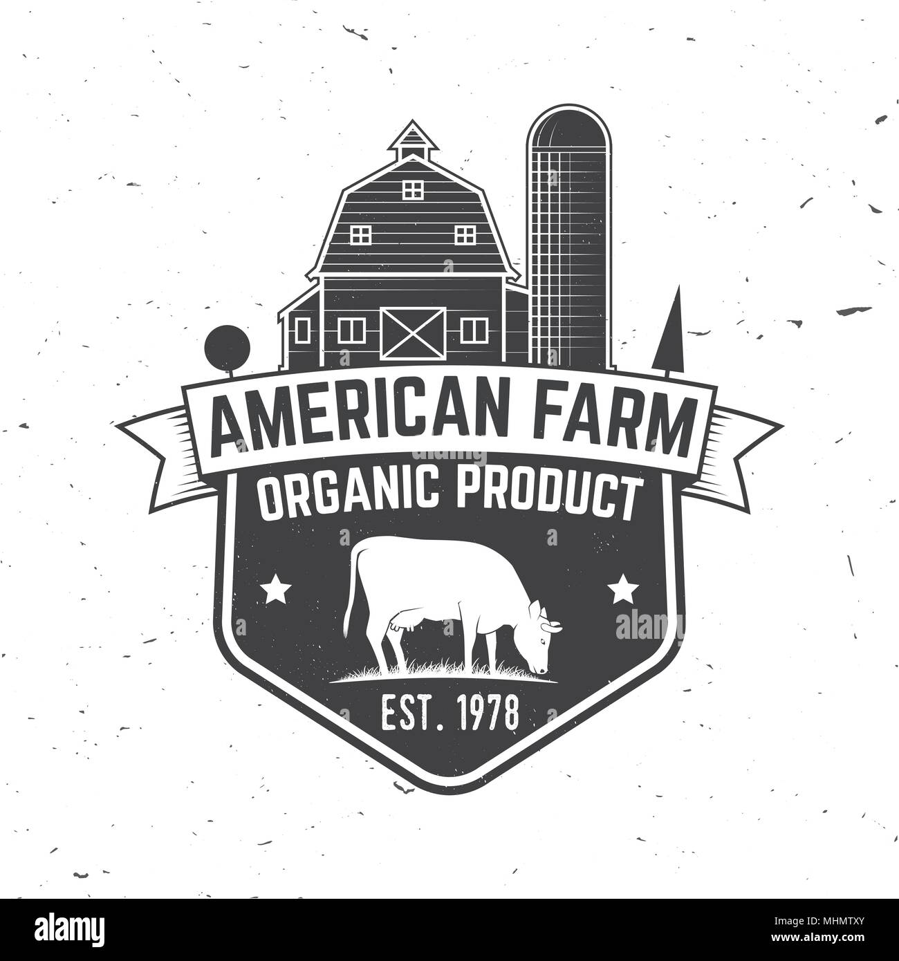 American Farm Badge or Label. Vector illustration. Vintage typography design with cow and farm house silhouette. Elements on the theme of the pork farm business. Stock Vector