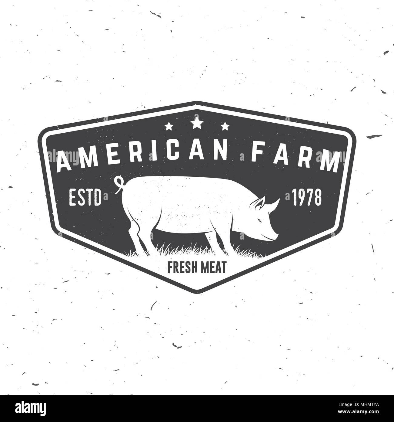 American Farm Badge or Label. Vector illustration. Vintage typography design with pig silhouette. Elements on the theme of the pork farm business. Farm insignia and patches isolated on white Stock Vector