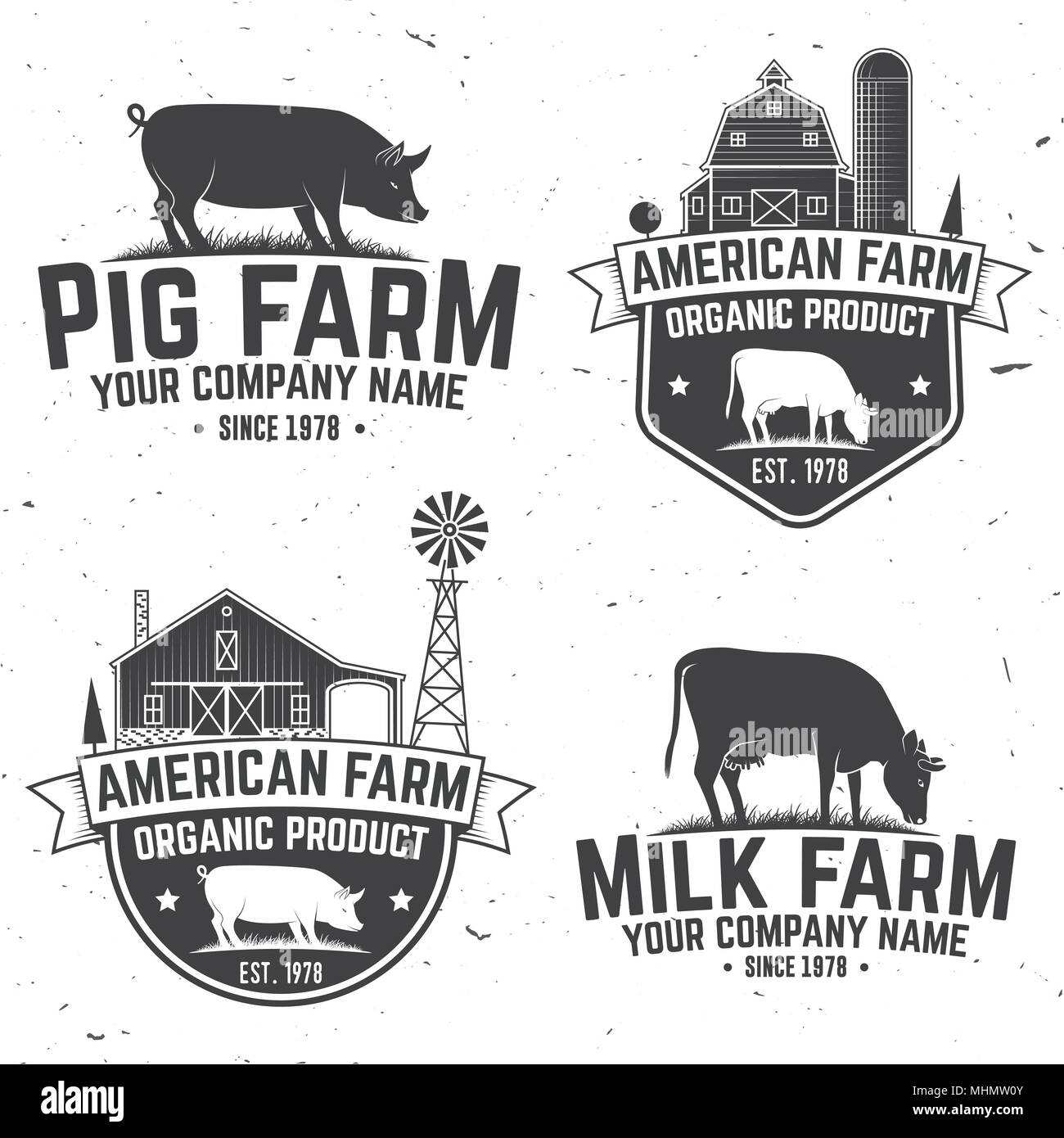 American Farm Badge or Label. Vector illustration. Vintage typography design with cow, pig and farm house silhouette. Elements on the theme of the pork farm business. Stock Vector