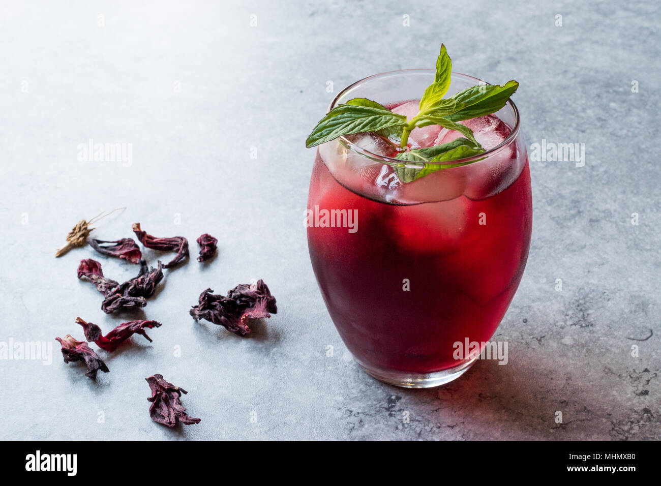 Cold Brew Hibiscus Tea with ice and Mint Leaves. Summer Beverage Stock