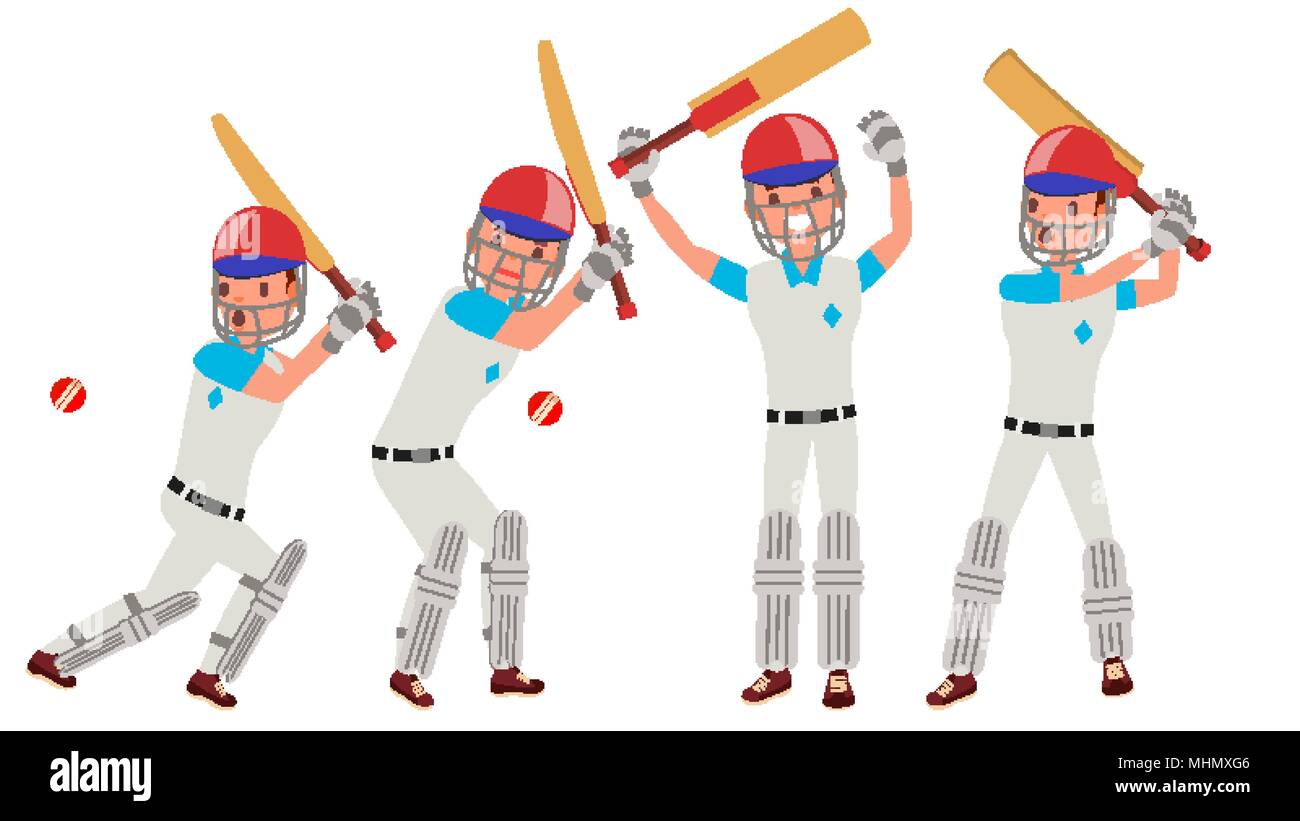 Cricket Player Vector. In Action. Cricket Team Character. Poses. Flat