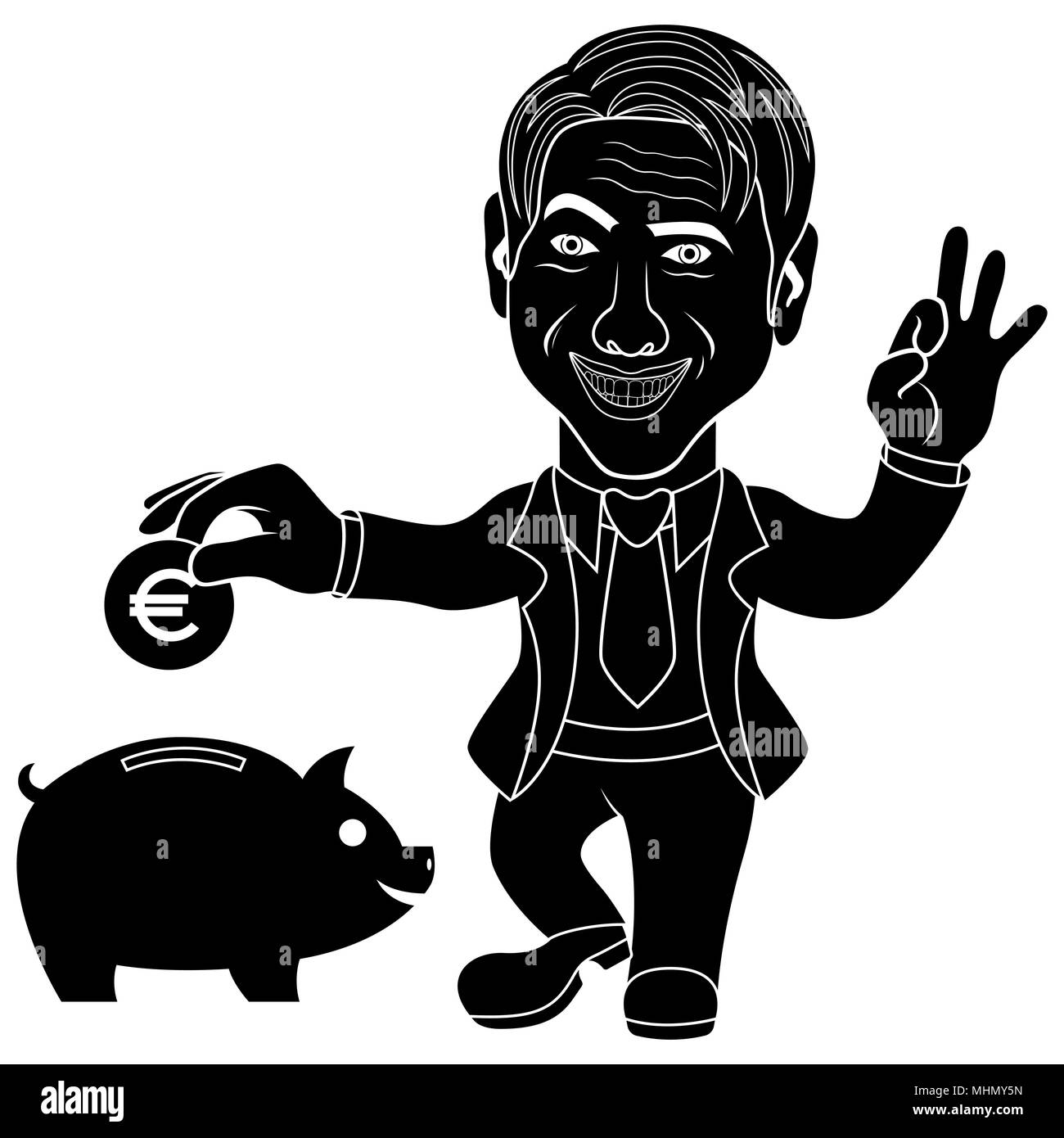 Silhouette of smiling happy man that throwing a Euro coin in the piggy bank and gesticulate Okay, cartoon stencil vector illustration Stock Vector