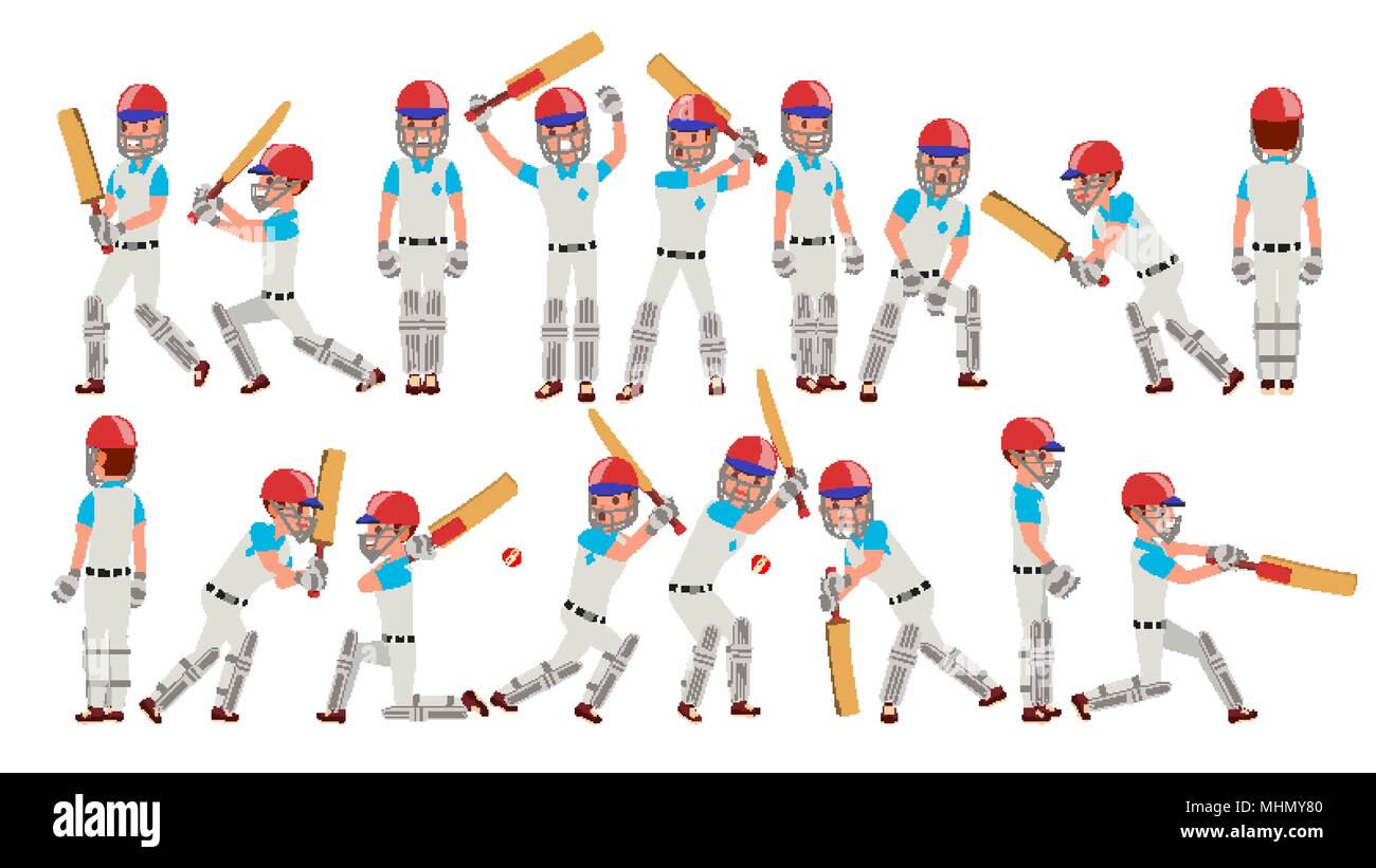 Professional Cricket Player Vector. Equipped Players. Pads, Bats, Helmet. Isolated On White Cartoon Character Illustration Stock Vector