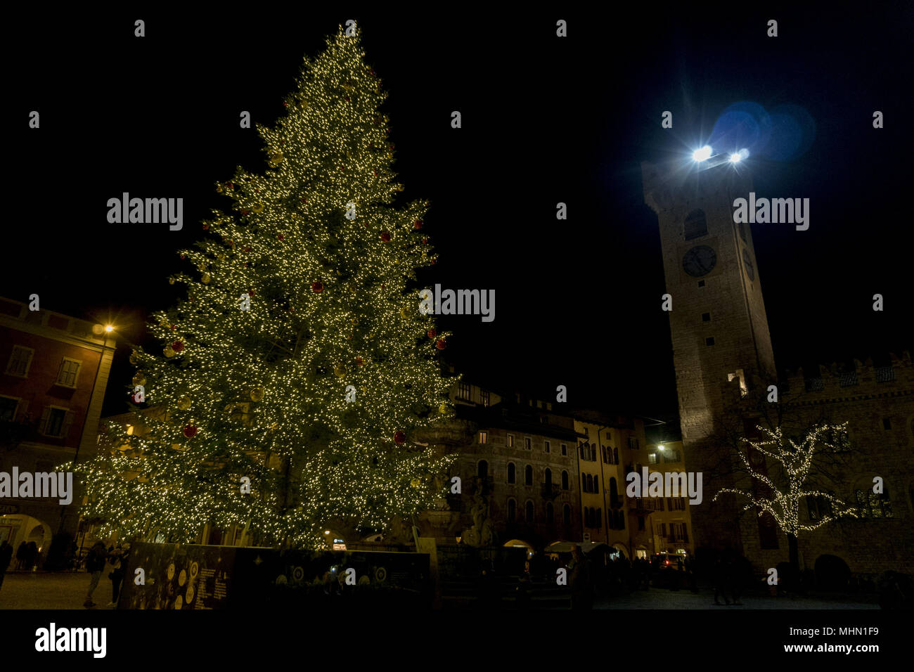 Trento Italy christmas tree at night in main town place Stock Photo