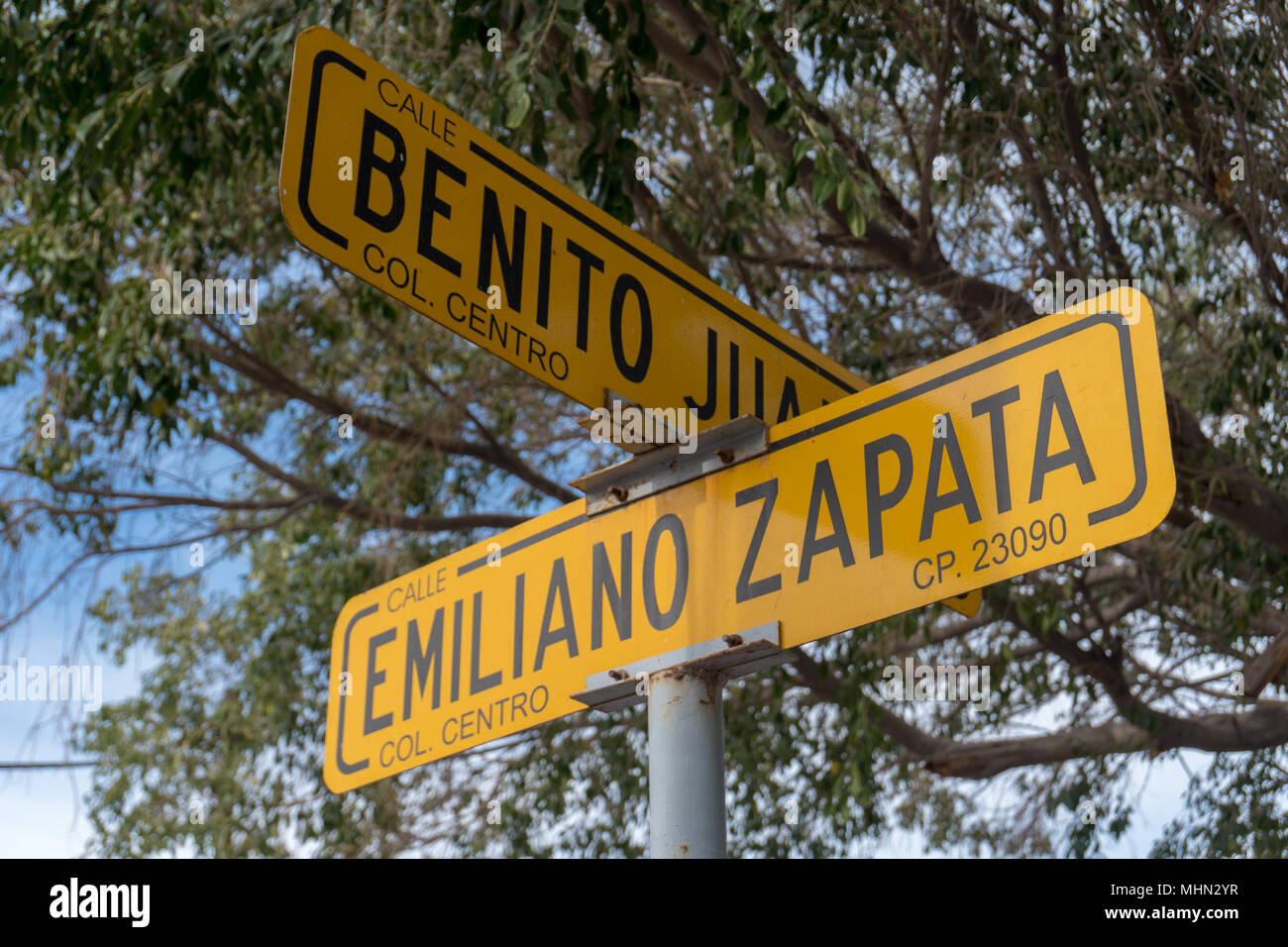 Mexican road street sign emiliano zapata and benito juarez Stock Photo