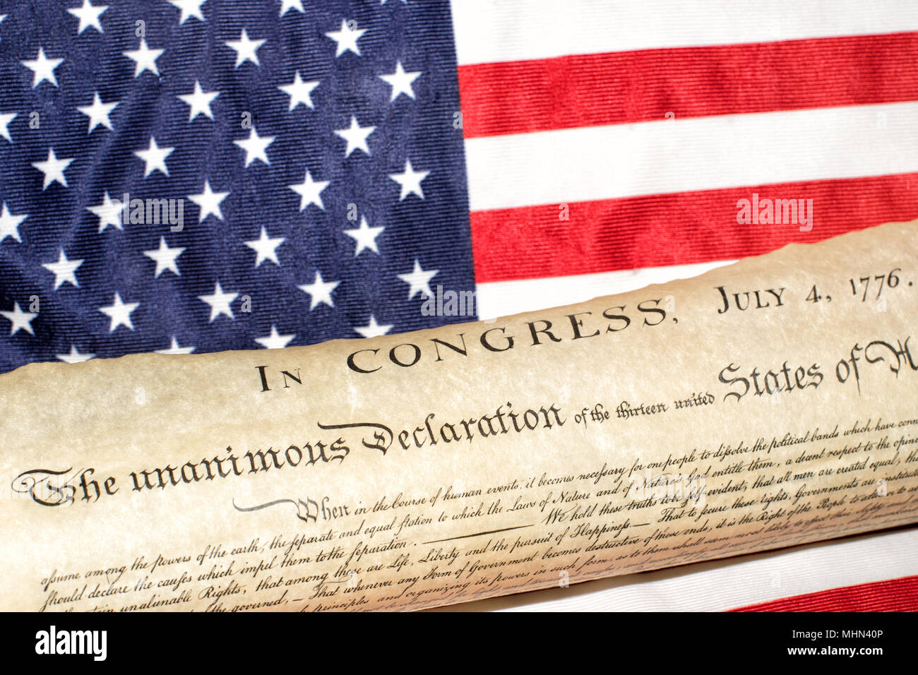 American Declaration of independence 4th july 1776 on usa flag background Stock Photo Alamy
