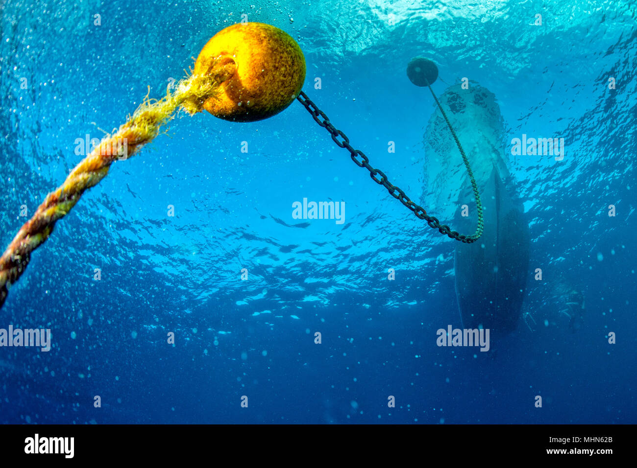 boat chain and yellow buoy anchor from underwater Stock Photo - Alamy