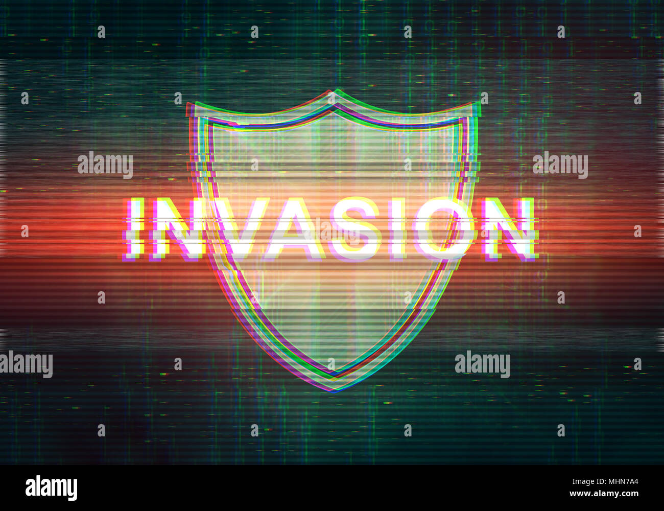 Abstract illustration of distorted display screen with red light spot and shield icon. Attacked inscription in technology interface. Glitch effect bac Stock Photo
