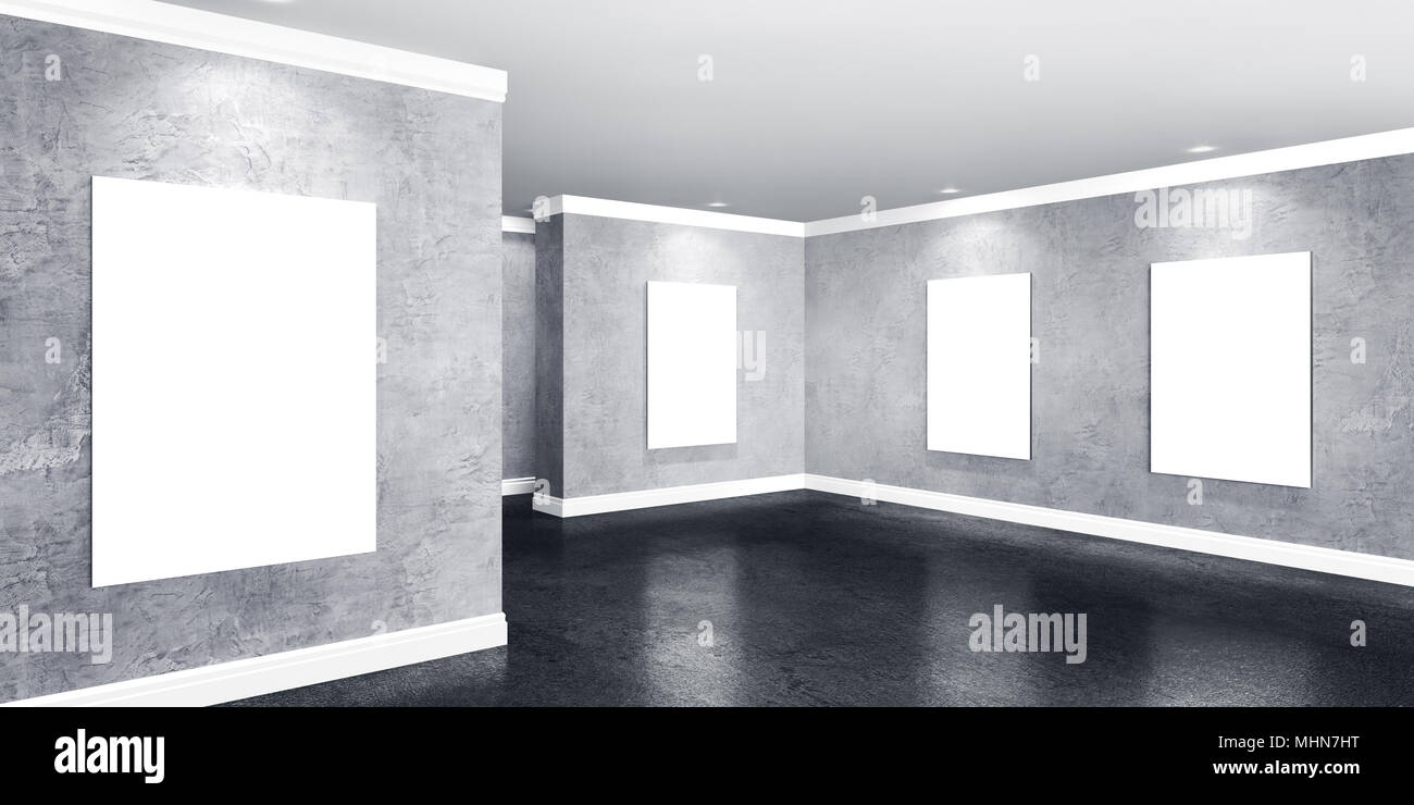 Modern concrete gallery room with directional spotlight and frames. Product artwork exhibition mock up. White isolated art frames. 3d rendering Stock Photo