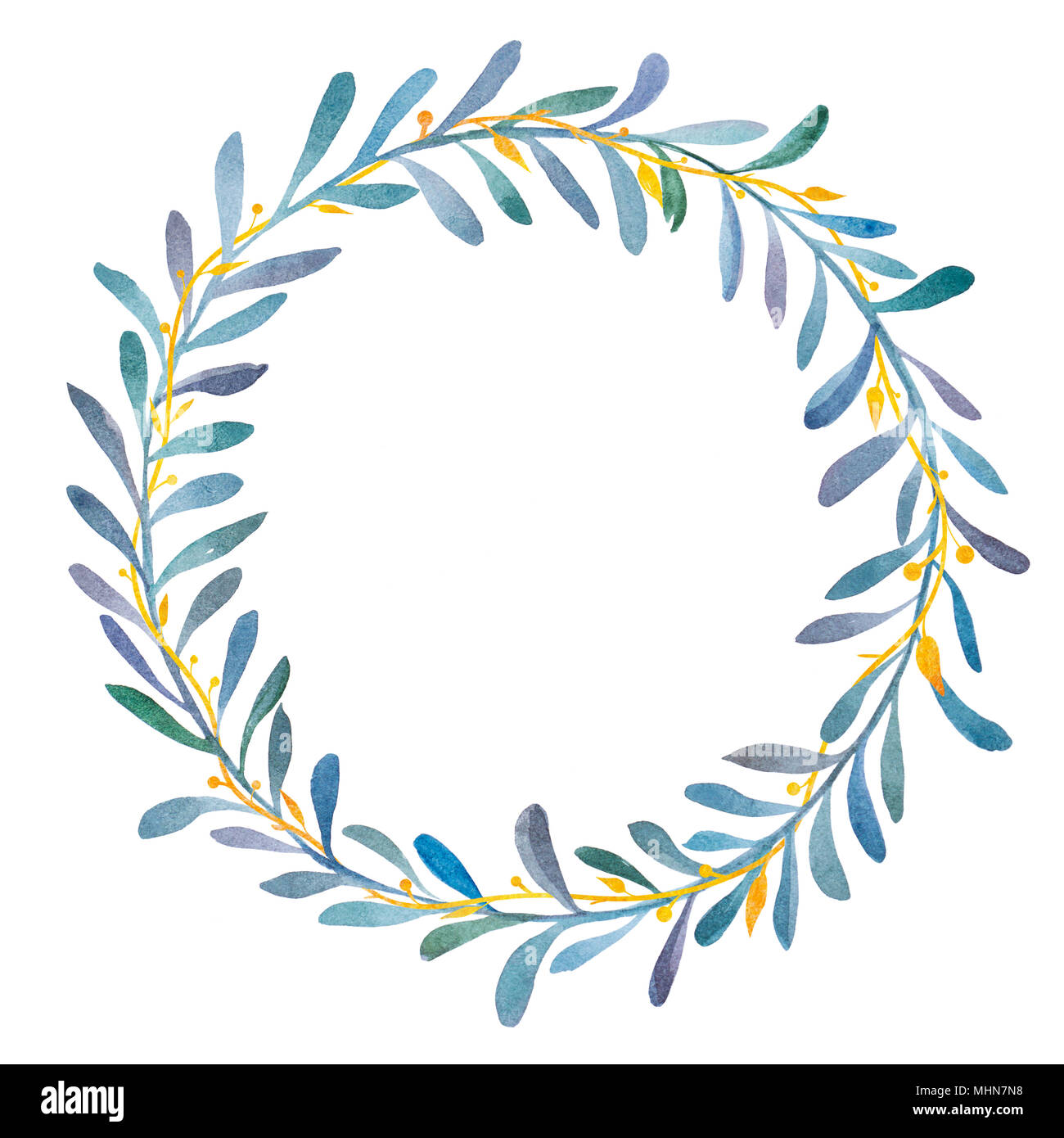 Hand drawn watercolor illustration of blue olives wreaths with gold branch. Round graphic elements for wedding branding, invitations, gift card. Stock Photo