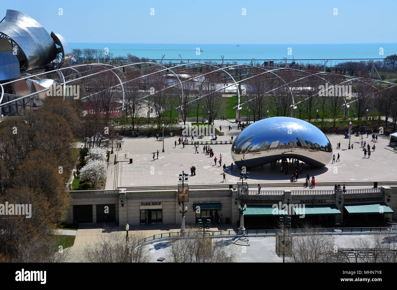 View of Cloud Gate, also known as "The Bean", from an office building across the street on a warm spring day at Chicago's Millennium Park. Stock Photo