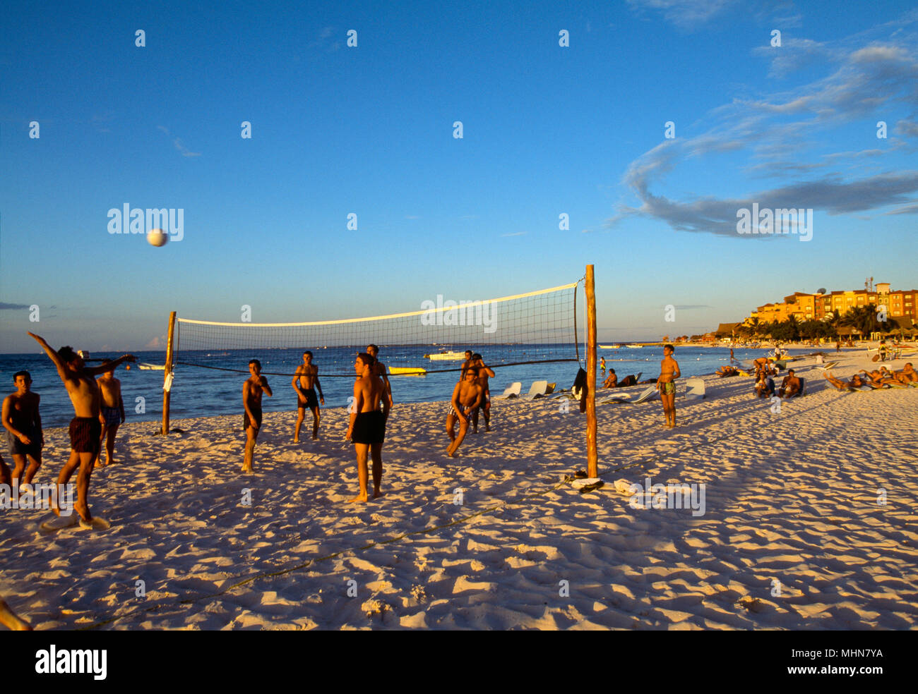 Cancun, Mexico; men playing beach volley ball Stock Photo