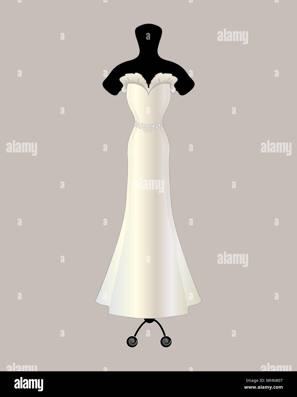 a vector illustration in eps 10 format of a beautiful designer satin wedding dress in a trumpet style with ruffle detail and jeweled belt Stock Vector