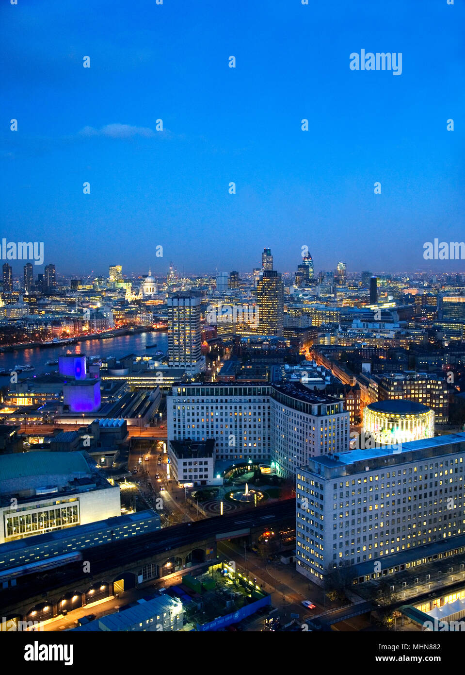 London, UK; view of the City from the London Eye at dusk. Stock Photo