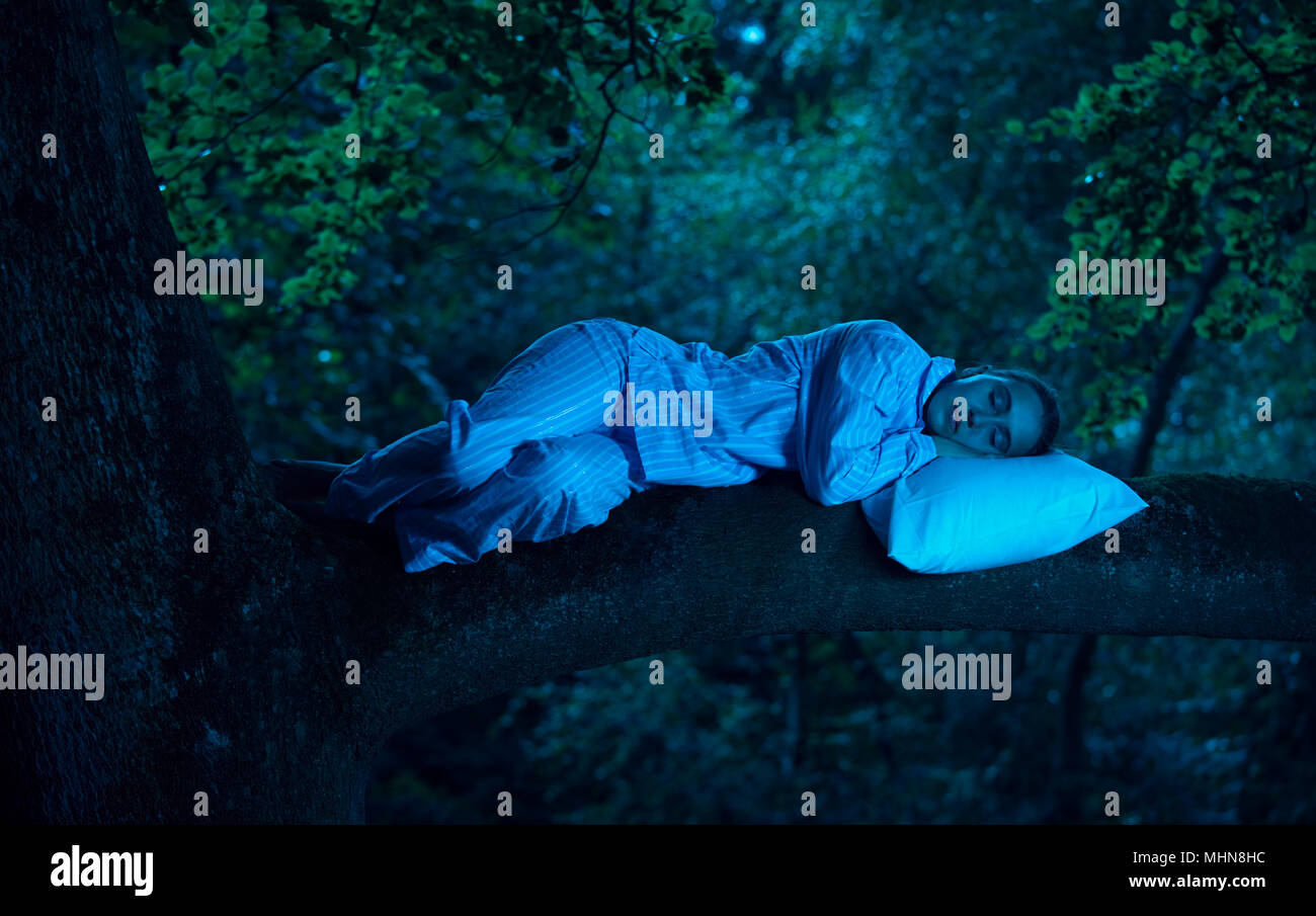 Woman in pyjamas asleep in a tree Stock Photo
