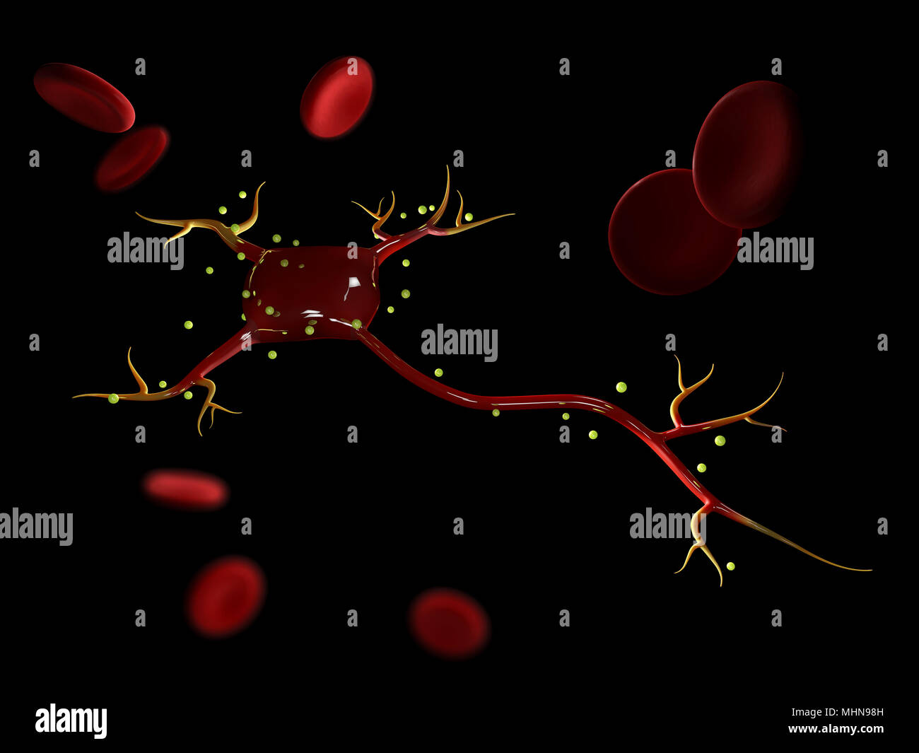 3d illustration of neuron cells with blood cells, high resolution 3D illustration Stock Photo