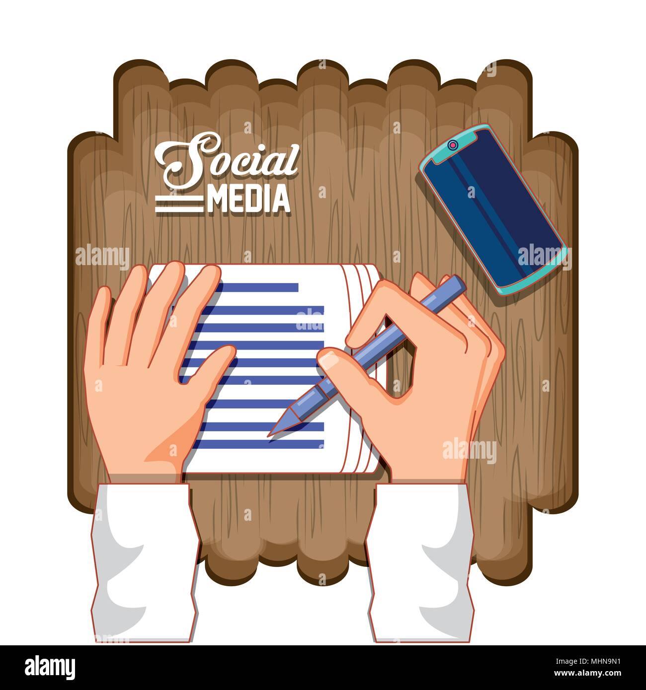 hands with documents and smartphone social media vector illustration ...