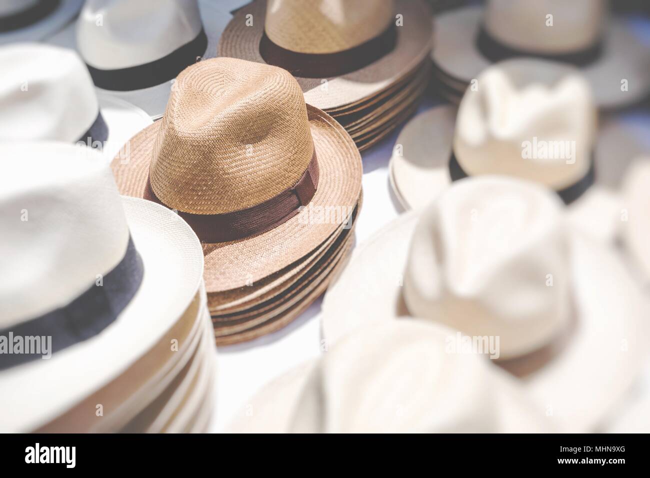 Handmade Panama Hats at the traditional outdoor market. Popular