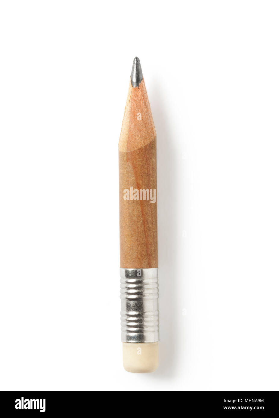 Worn pencil round shape. Very short pencil against white background with a soft shadow. Clipping path Stock Photo