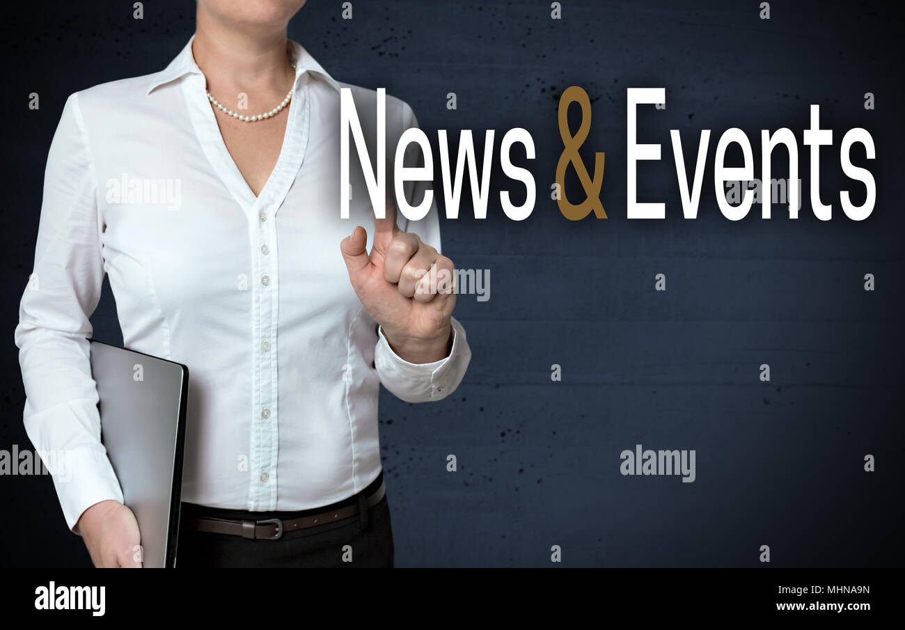 News and Events touchscreen is shown by businesswoman. Stock Photo