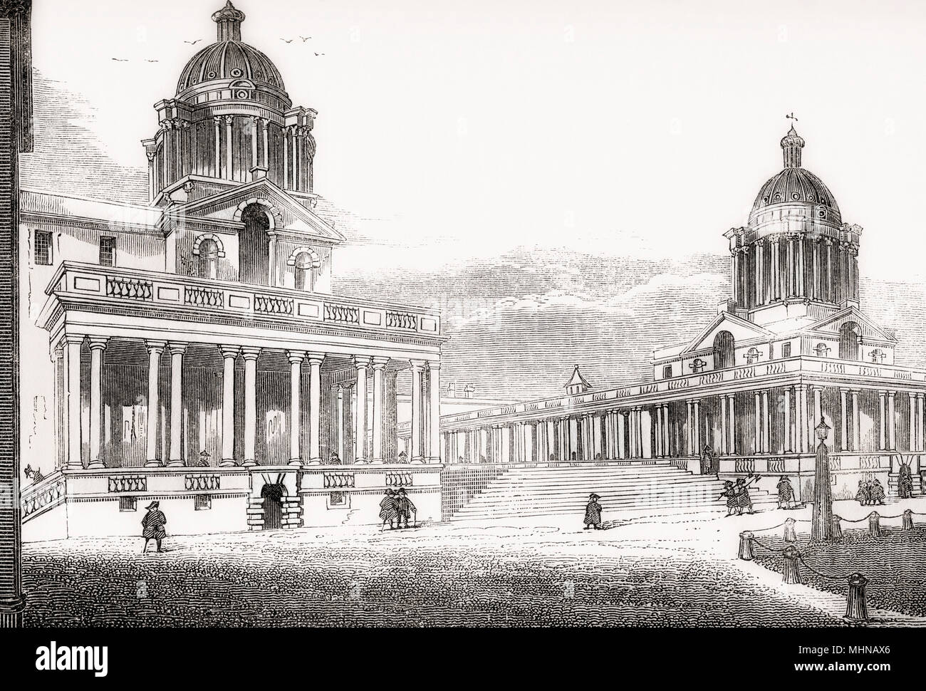 Greenwich Hospital, Greenwich, London, England, seen here in the mid 19th century when it  was a permanent home for retired sailors of the Royal Navy.  From Old England: A Pictorial Museum, published 1847. Stock Photo