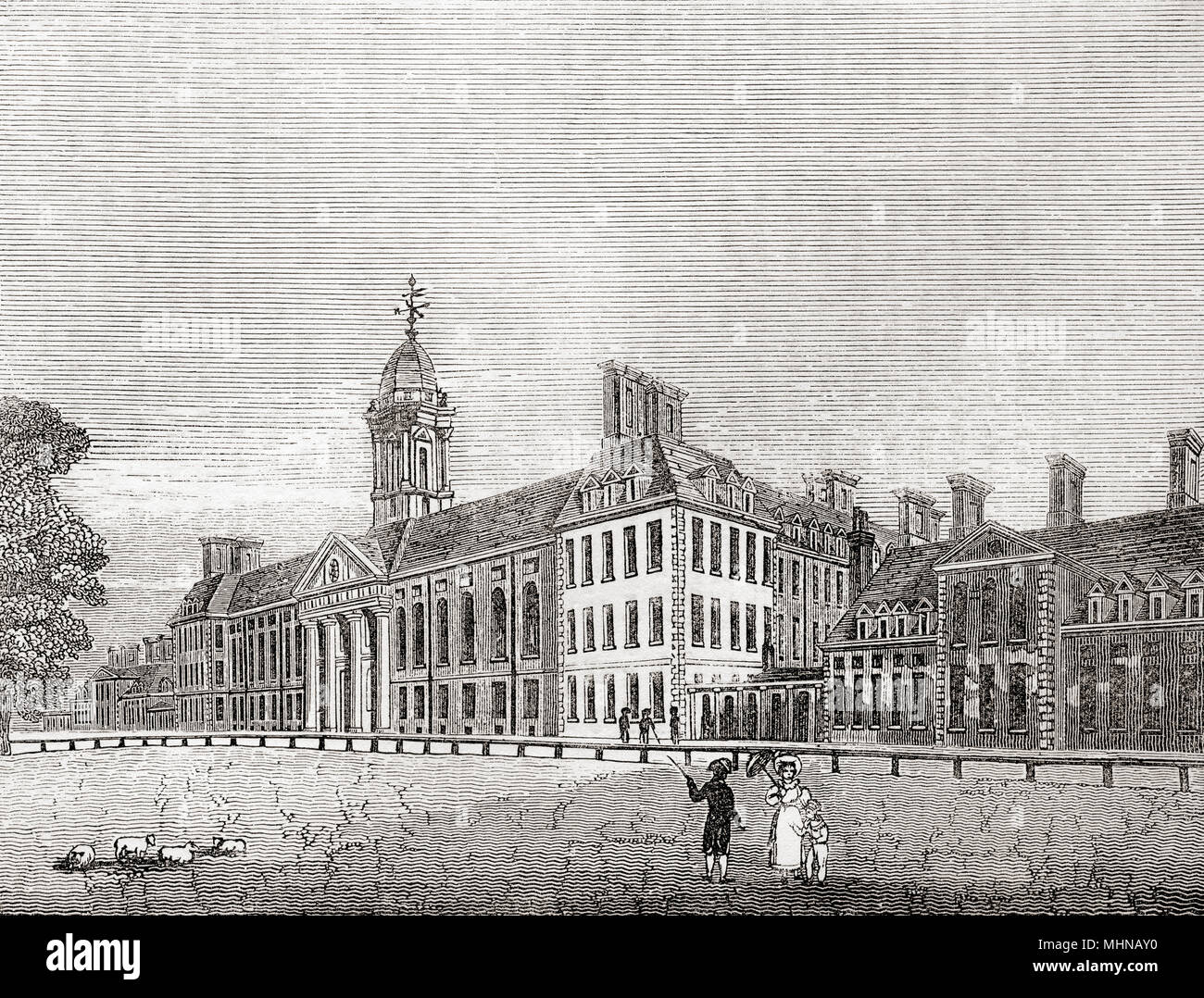 The north front of The Royal Hospital Chelsea, Chelsea, London, England, a retirement and nursing home for veterans of the British Army.  From Old England: A Pictorial Museum, published 1847. Stock Photo