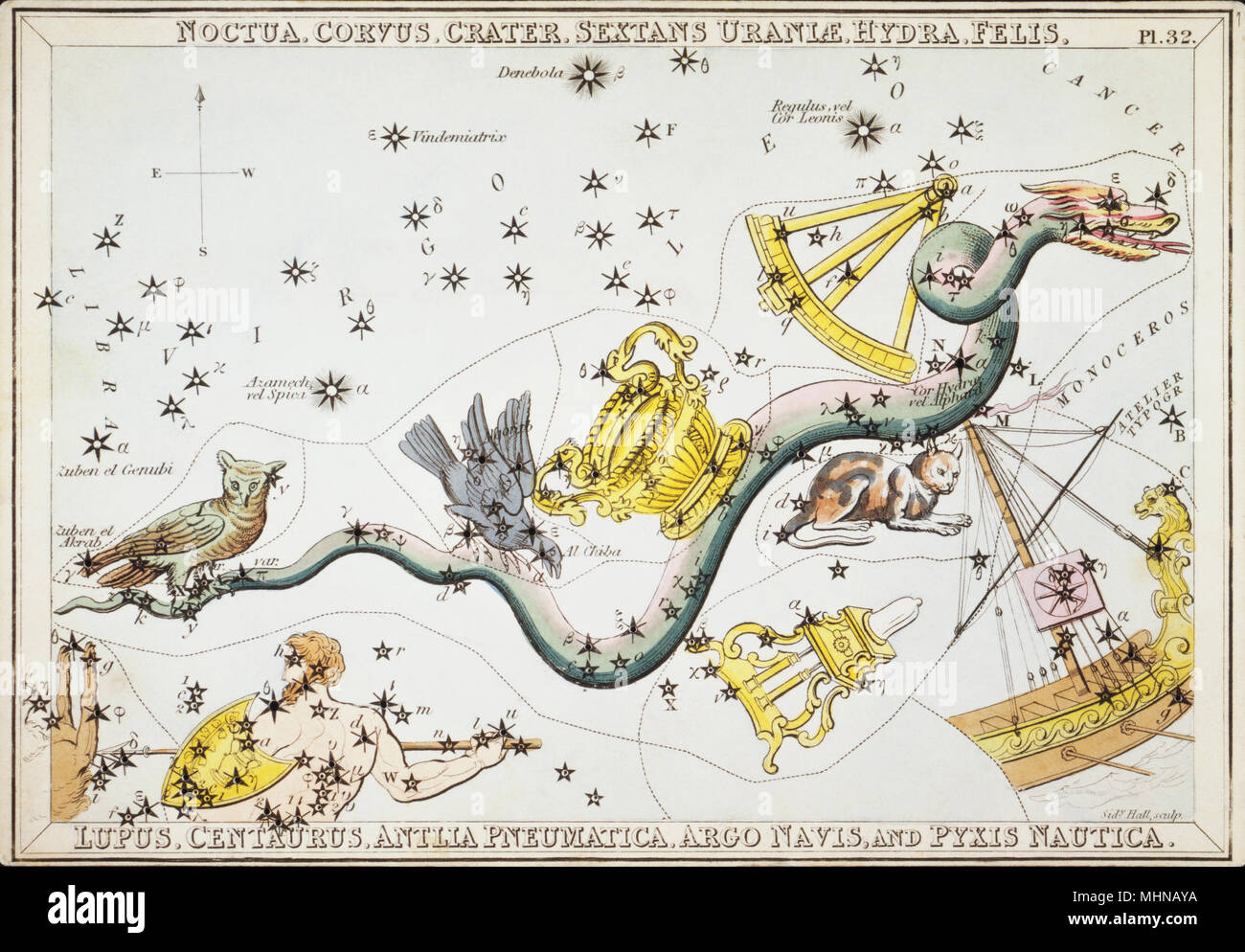 Noctua, Corvus, Crater, Sextans Uraniæ, Hydra, Felis, Lupus, Centaurus, Antlia Pneumatica, Argo Navis, and Pyxis Nautica. Card Number 32 from Urania's Mirror, or A View of the Heavens, one of a set of 32 astronomical star chart cards engraved by Sidney Hall and publshed 1824. Stock Photo