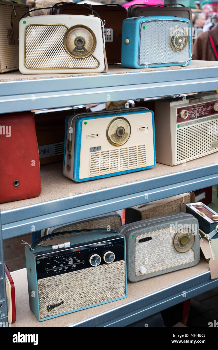 Old radios for sale at a retro vintage car boot sale. Granary Square