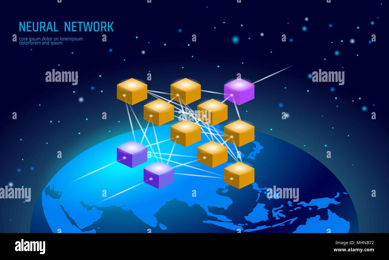 Neural international net. Global neuron network. Deep learning cognitive technology concept. Logical artificial intelligence planet Earth Asia Japan mathematics.Blue vector illustration Stock Vector