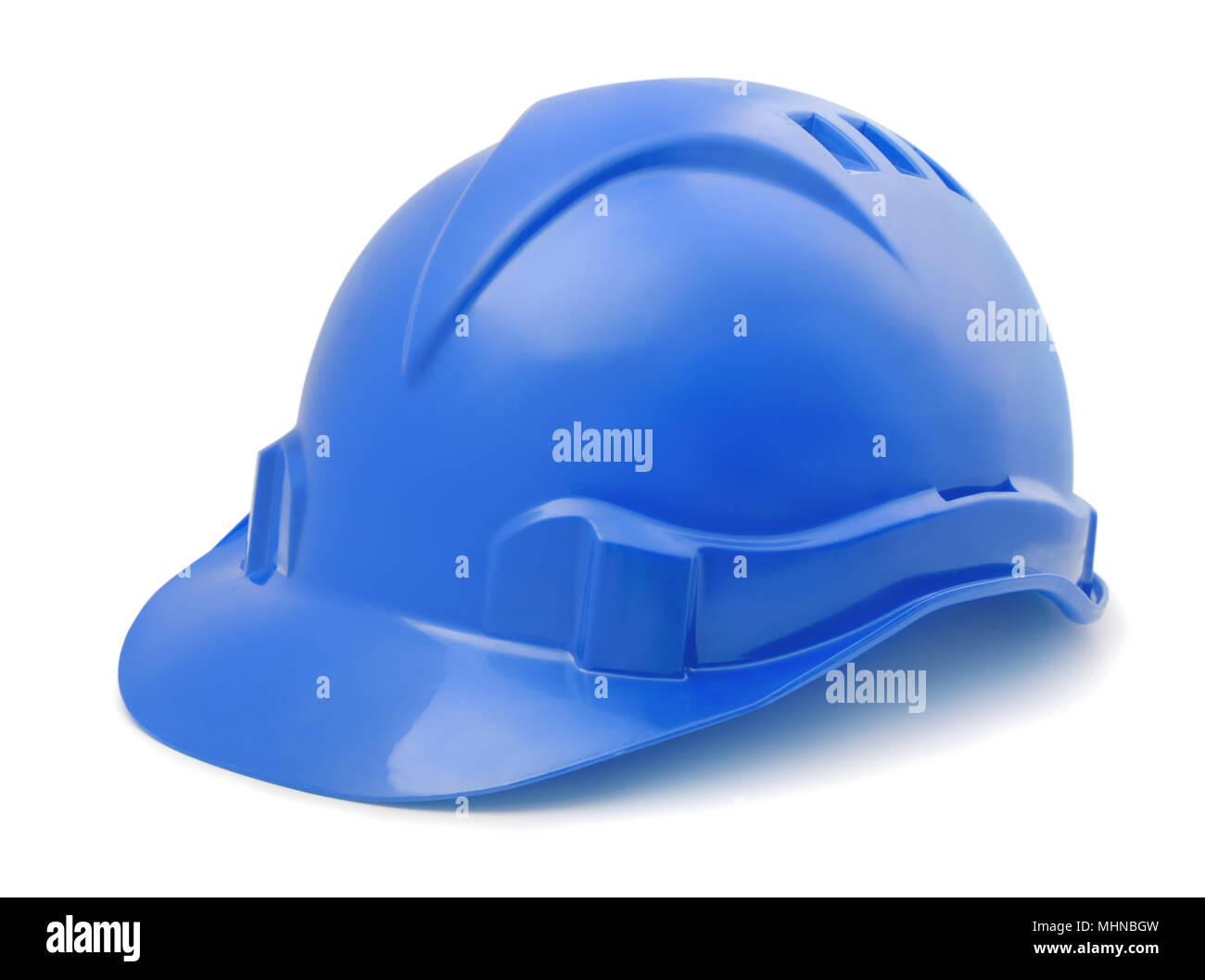 Blue plastic hard hat isolated on white Stock Photo Alamy
