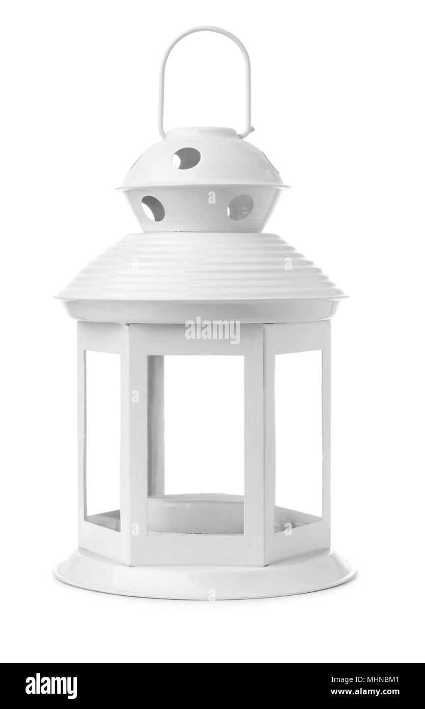 Front view of metal retro candle lantern isolated on white Stock Photo