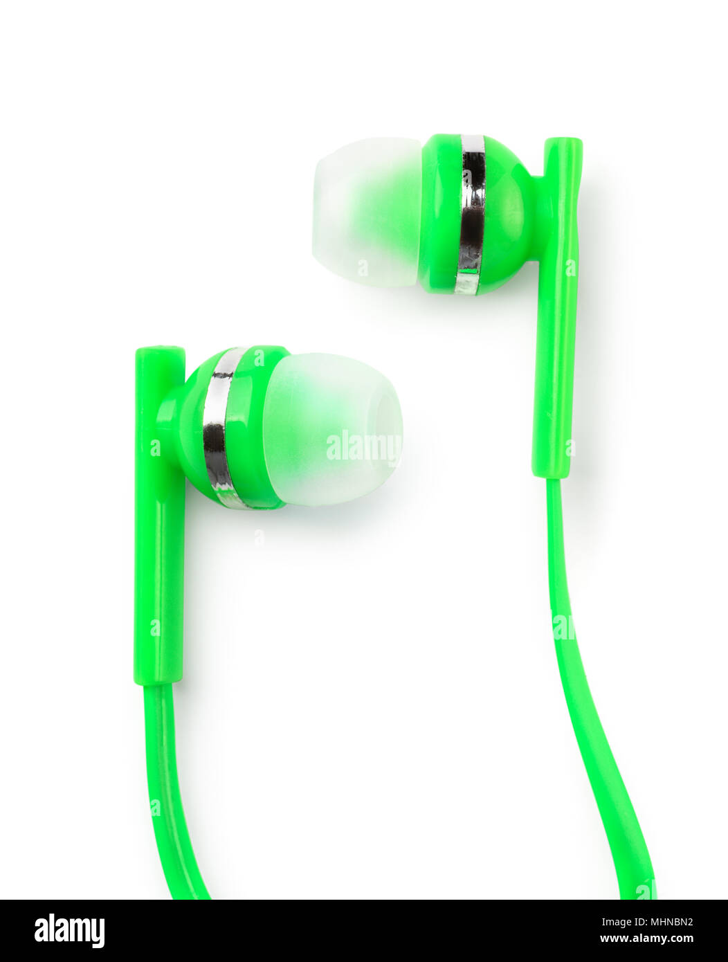 Green plastic ear buds isolated on white Stock Photo