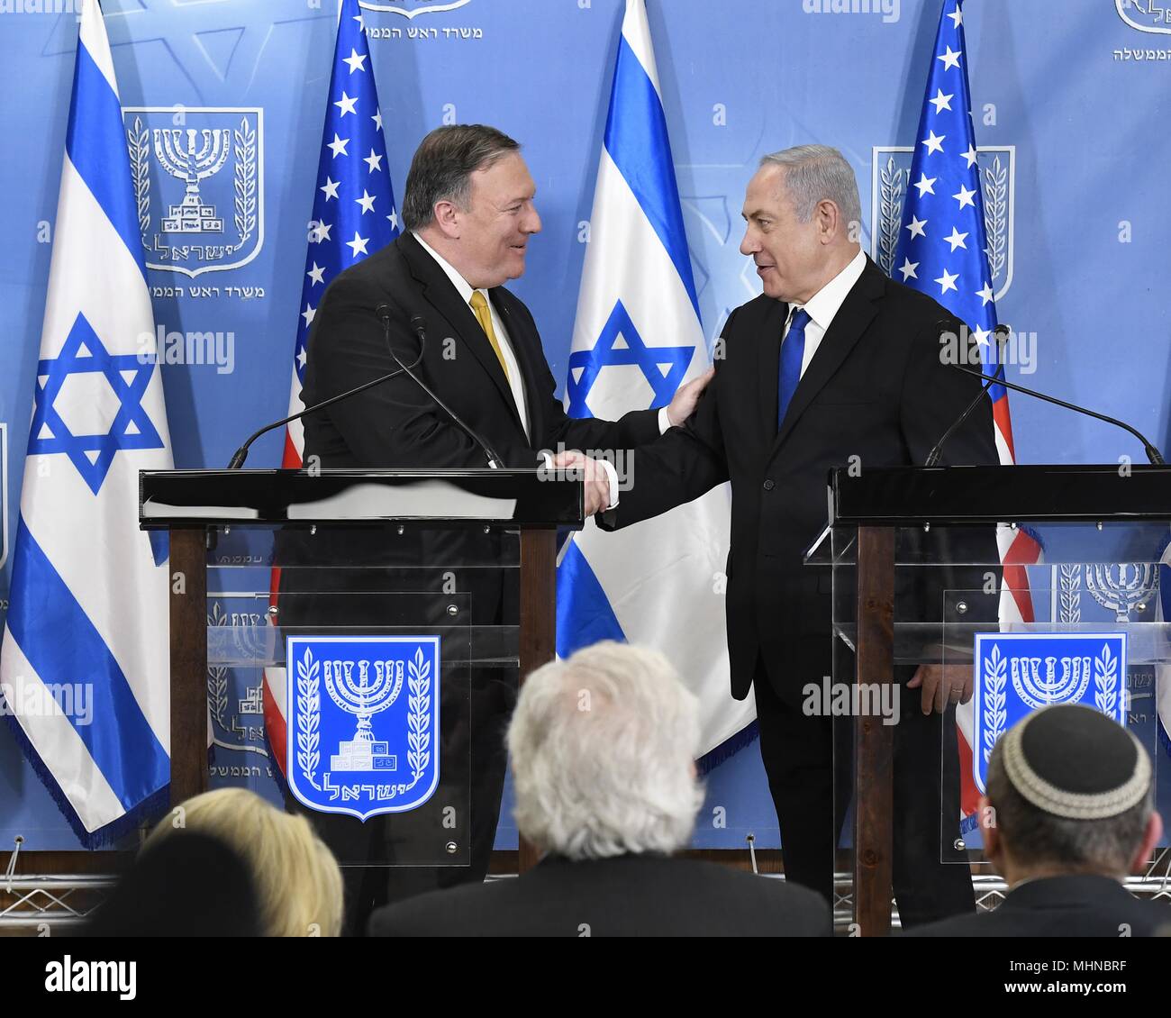 U.S. Secretary of State Mike Pompeo meets Israeli Prime Minister Benjamin Netanyahu and deliverremarks to the media at the Prime Minister's Office in Jerusalem, April 29, 2018, April 29, 2018. Image courtesy Matty Stern/U.S. Embassy Tel Aviv. () Stock Photo
